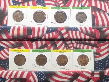 Eight Great Britain 1/2 Penny Coins -1906, 1908, 1910, 1916, 1939, 1943, 1960, 1967