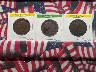 Three Great Britain One Penny Coins - 1908 One Penny, K. Edward VII, 1910 One Penny, K. Edward VII,