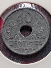 Three French Coins-1911, 1917, 1942 -10 Centimes