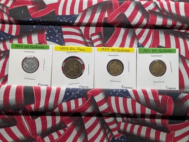 Four French Coins-1924 One Franc, 1924, 1927 & 1944-50 Centimes