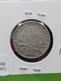 1918 France One Franc, 83.5% Silver
