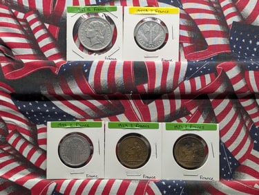 Five French Coins-1921 & 1924 Chamber of Commerce 2 Francs, & 1944-B & 1944 France 2 Francs, 1947