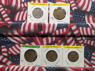 Five French Coins-1950, 1953-20 Francs, 4 plumes, 1951 50 Francs, 1953 50 Francs, 1955 100 Francs