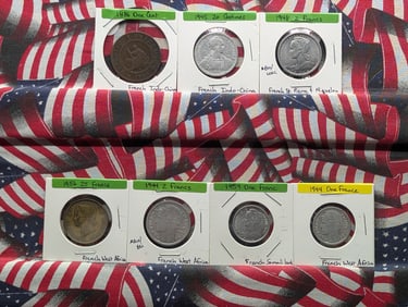 Seven French Coins-1886 One Cent, 1945 20 Centimes, 1948 2 Francs, 1959 One Franc, 1944 2 Francs,