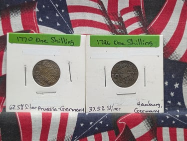 Germany - Hamburg 1726 One Schilling, Holed, 37.5% Silver & Germany Prussia 1770 One Schilling,