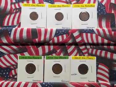 Six German Coins 1888E, 1905A, 1911A, 1948J, 1949J One Pfennig Coins & 1934A One Reichspfennig