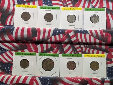 Eight German Coins-1962G & 1967G 2 Pfennig, 1890A & 1902A 5 Pfennig, 1923A & 1924A 5 Rentenpfennig,