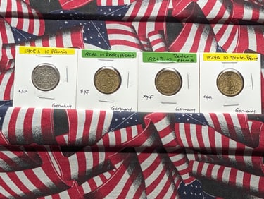 Four Germany Coins-1908A, 10 Pfennig & 1924A x2 & 1924J 10 Rentenpfennig