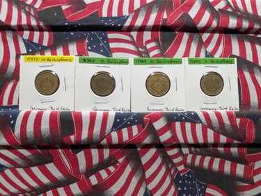 Four German Coins-1937A, 1938E, 1938F, 1938G, 10 Reichspfennig