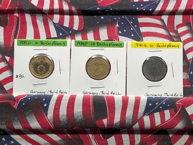 Three German Coins-1939D, 1939F & 1940G 10 Reichspfennig