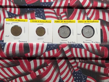 4-German Coins-1924A, 5 Rentenpfennig, 1935A, 1935D 50 Reichspfennig, 1949J (Small J) 10 Pfennig
