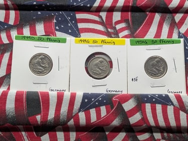 3-German Coins-1949 D&G, 1950G -50 Pfennig