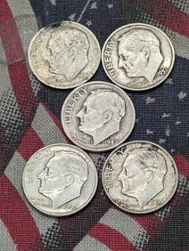 Five Assorted Roosevelt 90% Silver Dimes - 1947-S, (2) 1947, 1951-D, & 1954