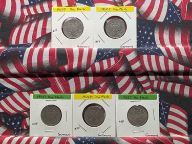 5-German Coins-1950J, 1959J, 1963D, 1963J & 1965D 1 Mark