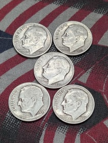 Five 1946 Roosevelt Dimes, 1st Year - All 90% Silver