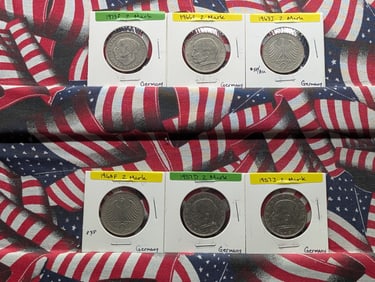 6-German Coins-1957D, 1957J, 1960F, 1963J, 1966F, 1973F- 2 Mark