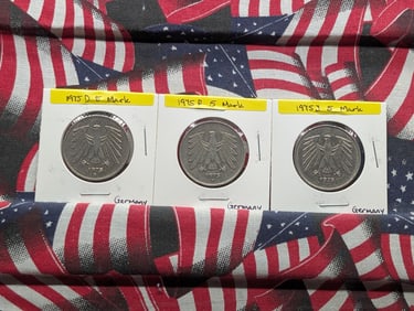 Three German Coins-1975D, 1975F, 1975J 5 Mark