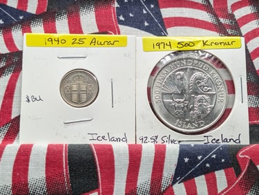 Two Iceland Coins-1974 500 Kronur 92.5% Silver & 1940 25 Aurar