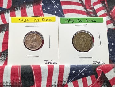 Two India Coins- 1936 1/12 Anna & 1943 1 Anna