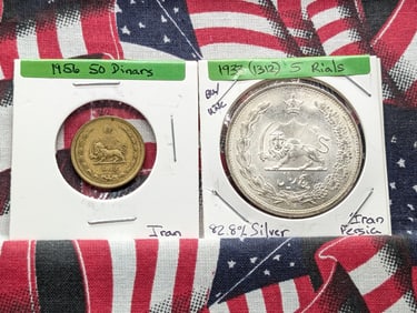 Two West Asia Coins-1956 50 Dinars & 1933 (1312) 5 Rials 82.8% Silver