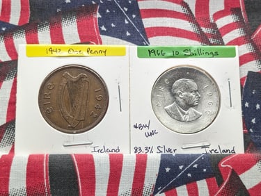 Two Ireland Coins-1942 1 Penny & 1966 10 Shillings, 83.3% Silver