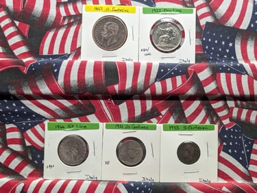 Five Italian Coins-1933 5 Centesimi, 1867 10 Centesimi,1921 20 Centesimi, 1922 1 Lira, 1966 50 Lire,