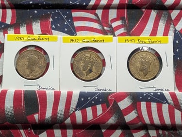 Three Jamaican Coins-1937, 1942, 1947 One Penny