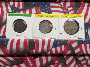Three Japanese Coins-1877 (Yr 10) 1/2 Sen, 1958 100 Yen, 60% Silver, 2004 (Yr. 16) 500 Yen
