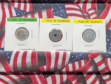 Three Luxembourg Coins-1915 5 Centimes, 1901 10 Centimes, 1963 25 Centimes