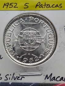 1952 Macau 5 Patacas 72% Silver