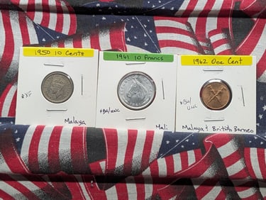 Malaya 1950 10 Cents, Malaya & British Borneo 1962 One Cent, Mali 1961 10 Francs