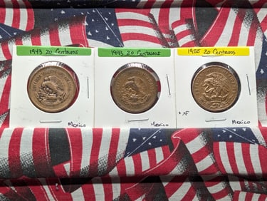 Three Mexican Coins-1943x2 & 1955- 20 Centavos