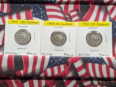 Three 1950 Mexican 25 Centavos 30% Silver Each