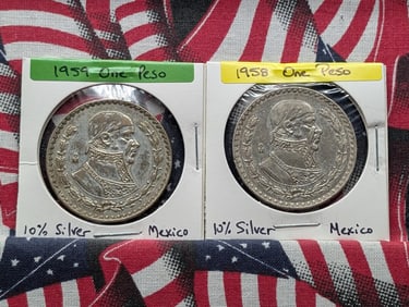 1958 & 1959 Mexican One Peso's, 10% Silver