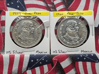 1959 & 1960 Mexican One Peso's, 10% Silver