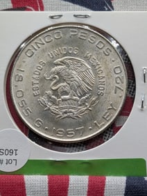 1957 Mexican 5 Peso 72% Silver