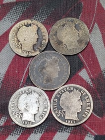 Five Barber Dimes - 1898, 1907, 1912, 1914, & 1915