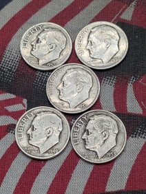 Five 90% Silver Roosevelt Dimes - 1949, 50, 51, 52, 53-D