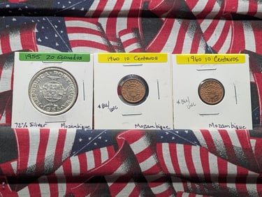 1955 Mozambique 20 Escudos, 72% Silver, 1960 x2 Mozambique 10 Centavos