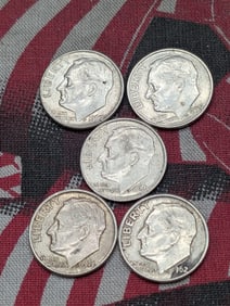 Five 90% Silver Roosevelt Dimes - 1959-D to 1963-D - All "D" Mint Marks