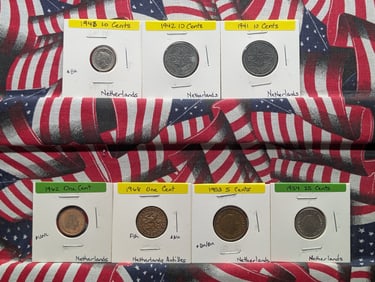 Seven Netherlands Coins-1962 & 1968 One Cent, 1953 5 Cents,1941,1942,1948 Ten Cent & 1954 Twenty