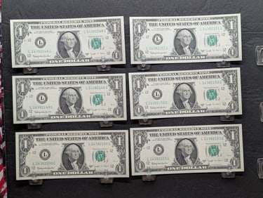 Six 1963 B $1 Joseph W. Barr Federal Reserve Notes. CONSECUTIVE SERIAL NUMBERS. Gem Crisp.