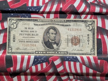 1929 Brown Seal Five Dollar National Currency Issued by the Mellon National Bank of Pittsburgh, Pa.