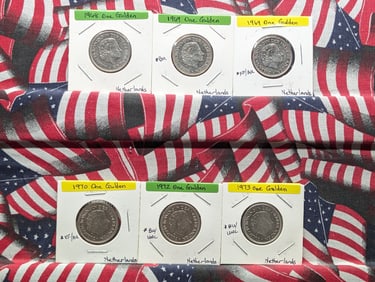 Six Netherlands Coins - 1968 & 1969 One Gulden W/Fish, 1969, 1970, 1972 & 1973 One Gulden (cock)