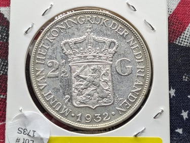 1932 Netherlands 2 1/2 Gulden, 72% Silver
