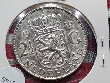 1959 Netherlands 2 1/2 Gulden 72% Silver