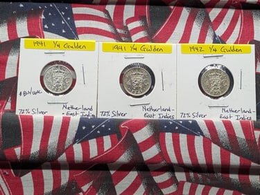 Three Netherlands East Indies -1941-Px2 & 1942-S 1/4 Gulden, 72% Silver