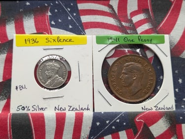 Two New Zealand Coins 1936 Sixpence 50% Silver & 1941 One Penny