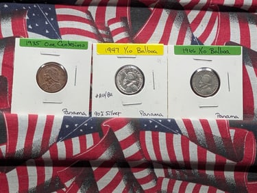 Three Panama Coins 1947 1/10 Balboa 90% Silver, 1966 1/10 Balboa, 1935 One Centesimo