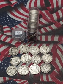 Roll of Fifty Silver Dimes, Includes Both Mercury & Roosevelt Dimes